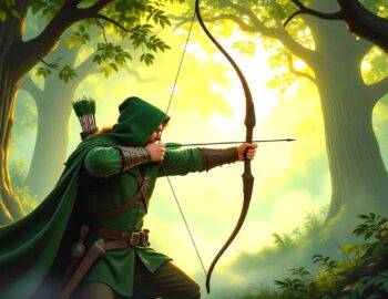 Movies with archery, Robin Hood in forest with bow and arrow drawn.