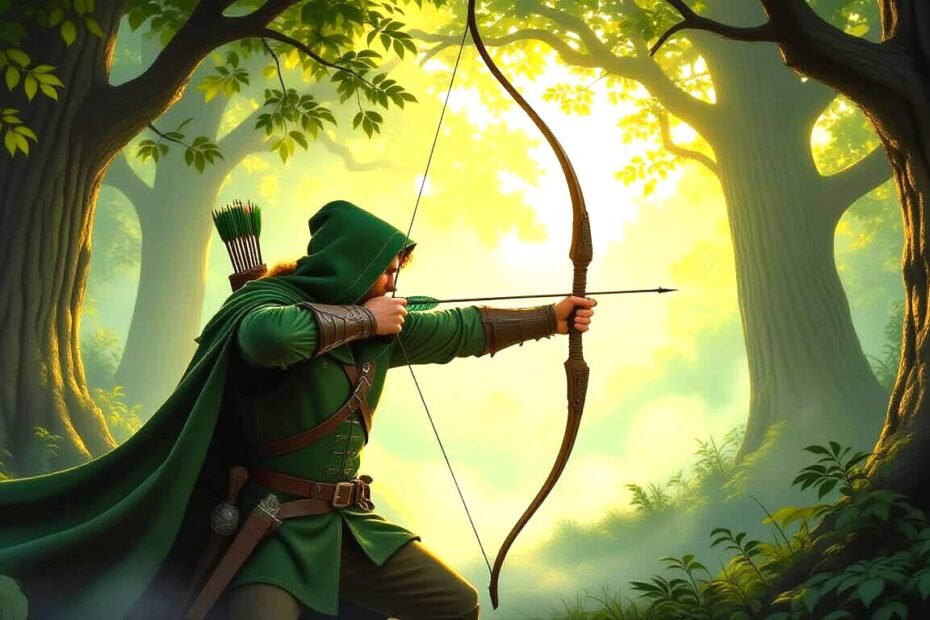 Movies with archery, Robin Hood in forest with bow and arrow drawn.