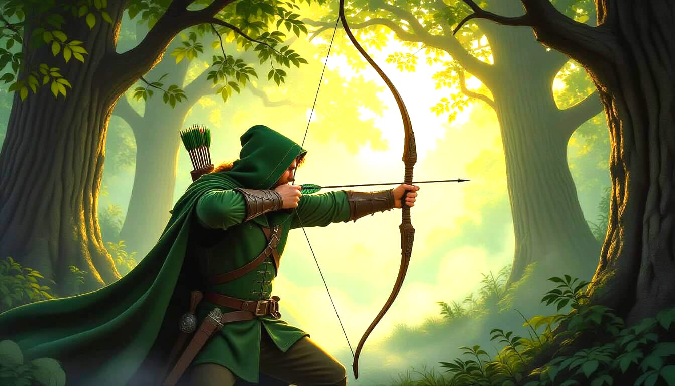 Movies with archery, Robin Hood in forest with bow and arrow drawn.